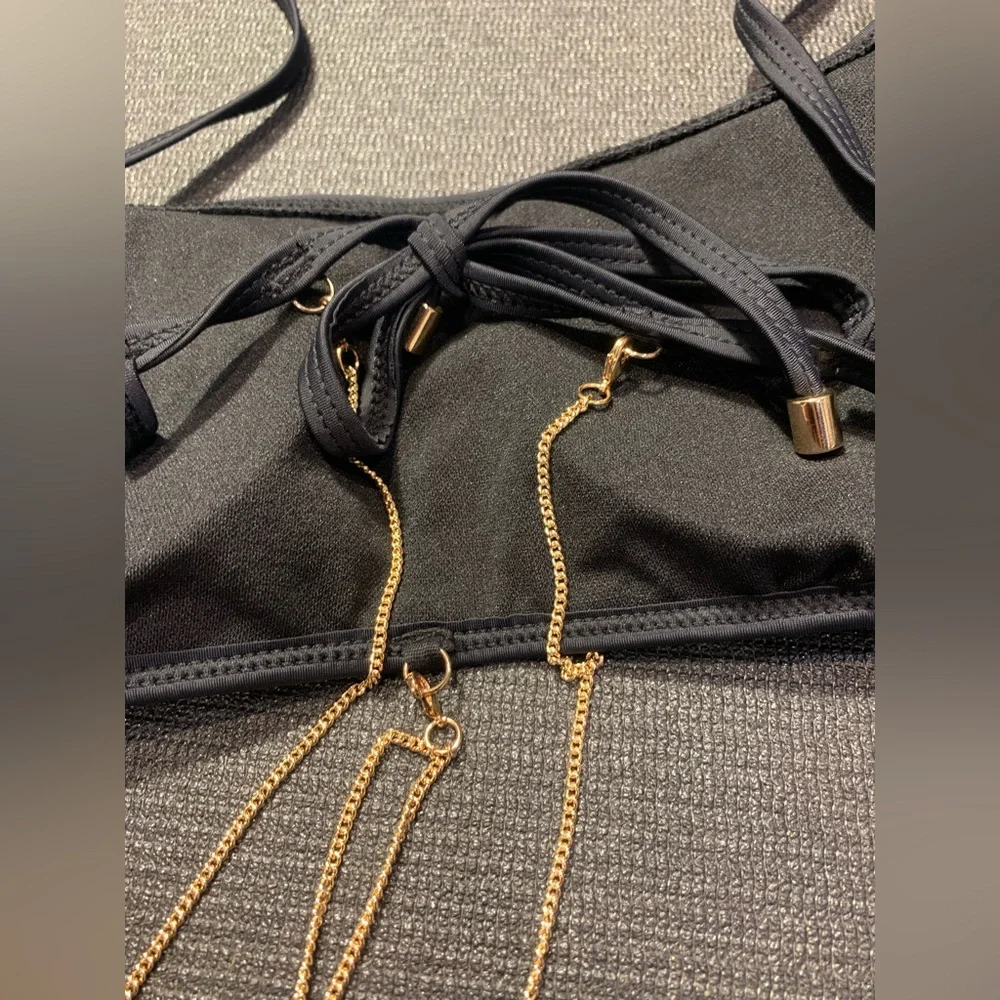 New Lost Ink Black Bikini Top with Removable Gold‎ Body Chain Size 10 Very Sexy